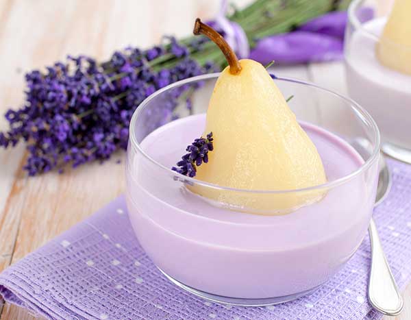Lavender panna cotta with poached pear